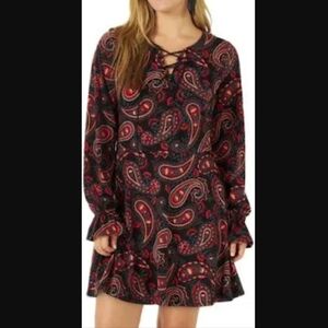 Wrangler Retro long sleeve dress Americana paisley ruffles V-neck lace up SMALL